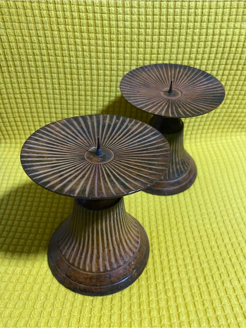 #10- 2PC. Set Metal Ribbed ANTIQUE Rustic Pedestal Candle Holder